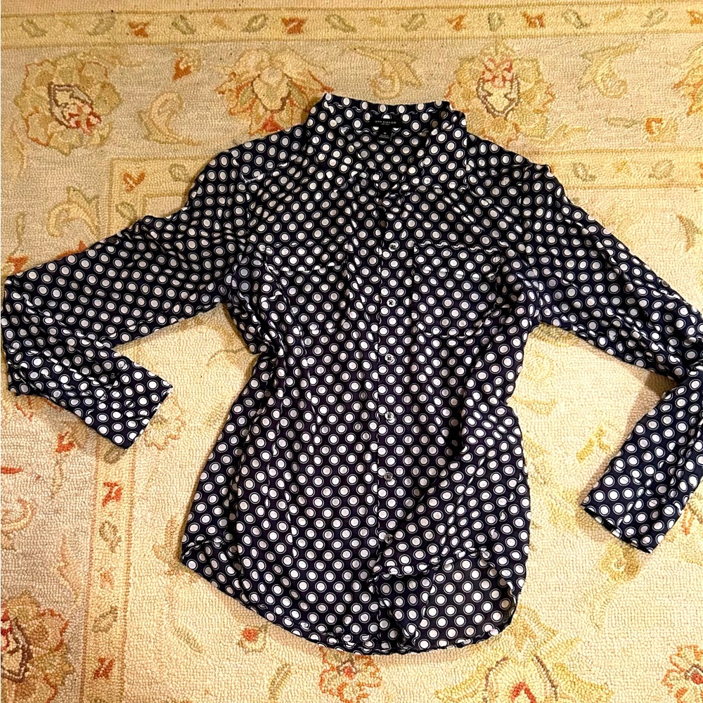 Ann Taylor Navy Polka Dot Button-Up Shirt